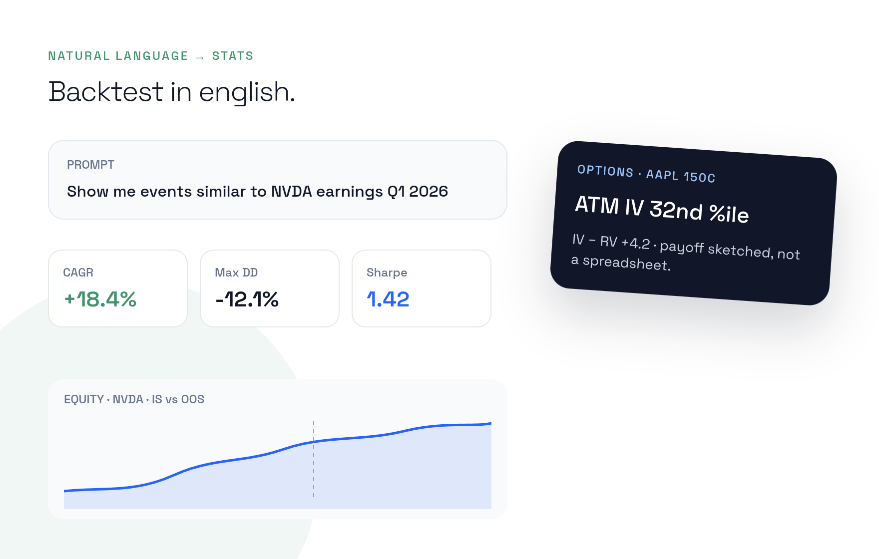 Backtest in English: similar NVDA earnings events with CAGR, drawdown, Sharpe, and options IV